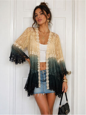Paris Hues Vintage Y2K Lace Ombre Kimono Cardigan Duster Pine Green Cream XL